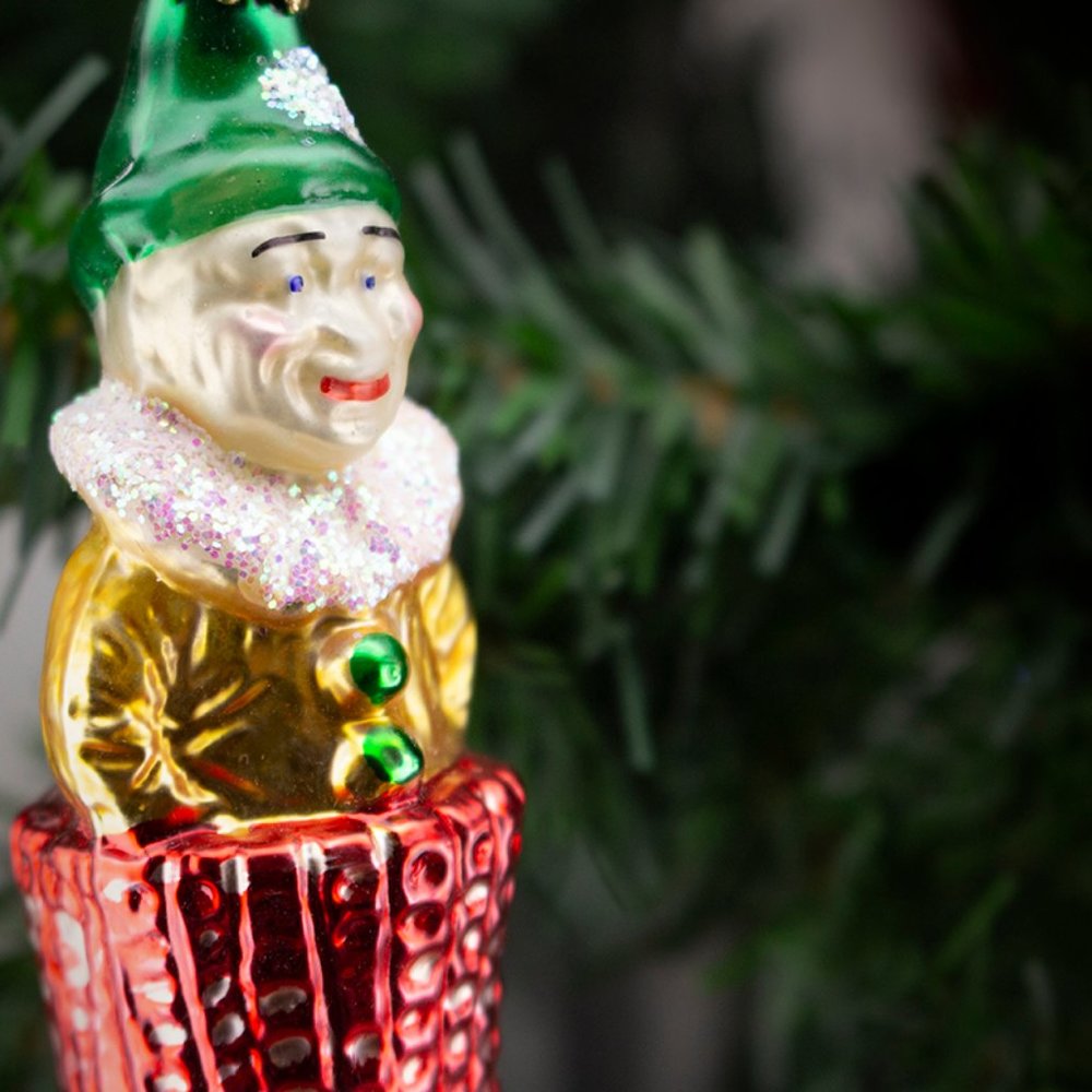 Clown in a stocking, Old World Christmas Glass Ornament.